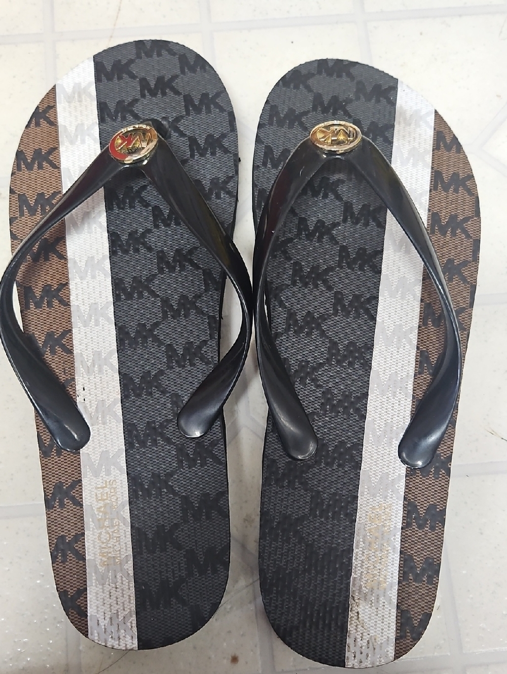 Michael Kors Black and Brown MK Logo Stripe Flip Flops. Light Wear
